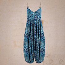 Women's summer retro wind blue sleeveless loose jumpsuit