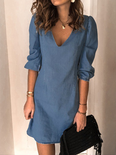 Spring and summer new solid color V-neck short sleeve casual loose cotton linen dress women's wear