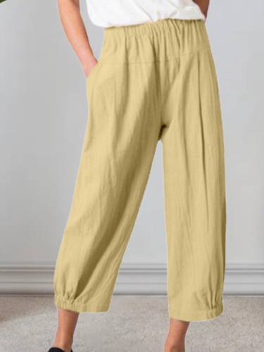 Solid Color Cropped Pants Side Seam Pockets Loose Mid Waist Cotton Linen Casual Pants