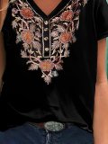 V-Neck Ethnic Floral Print T-Shirt