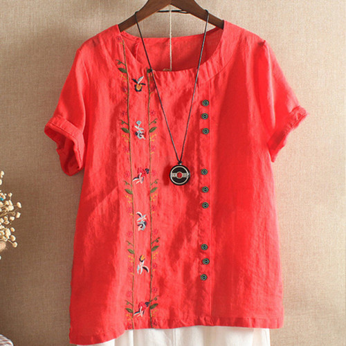 Embroidered Cotton and Linen Short-sleeved Short-sleeved T-shirt Women's Summer Top