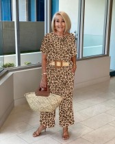Leopard Print Short Sleeve Top and Trousers Two-Piece Set