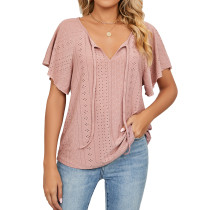 Solid Color and V-neck Lace-up Short Sleeve Loose T-shirt Top
