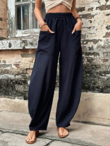 Solid Color Pocket Women's Casual Trousers Trousers with an Elasticated Waist Trousers