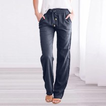 Solid Color Cotton and Linen Loose Drawstring Casual Wide-Leg Trousers
