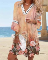 V-neck Printed Lace Stitching Bohemian Casual Holiday Dress