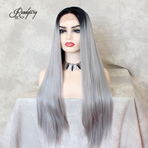 Grey Silky Dark Roots Straight Synthetic Lace Front Wig Readywig Com