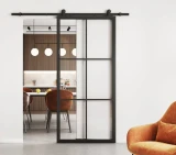Interior 6 Lites Black Steel Frame Glass sliding Barn Door leaf
