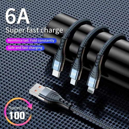 6A 66W/65W Super Fast Charging Cable 3 in 1 Android phone Type-C Braided