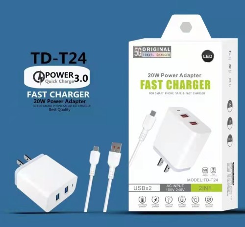 20W Power Adapter For Smart Phone Safe and Fast Charger,Dual USB Port Wall Charger with V8 Android Cable