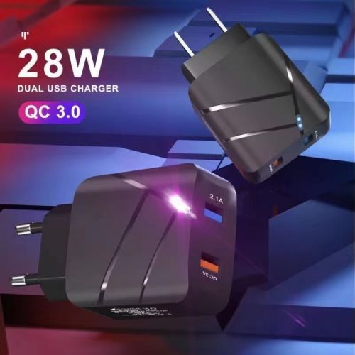 28W Dual USB Charger，QC 3.0 Port and 2.1A Port Quick Charge Wall Charger