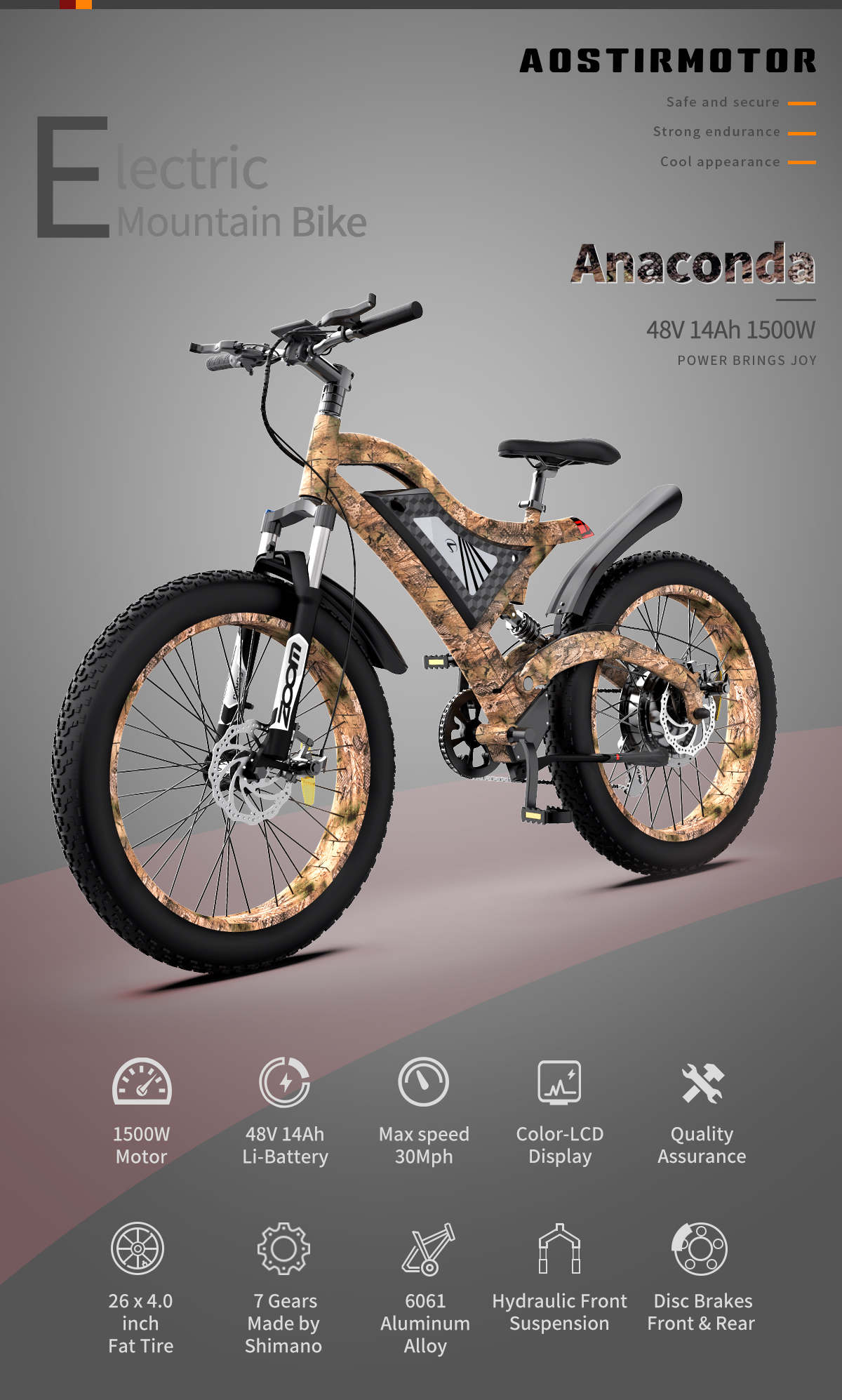 Aostirmotor S18 All Terrain Mountain Electric Bike 750W 48V - Snakeskin