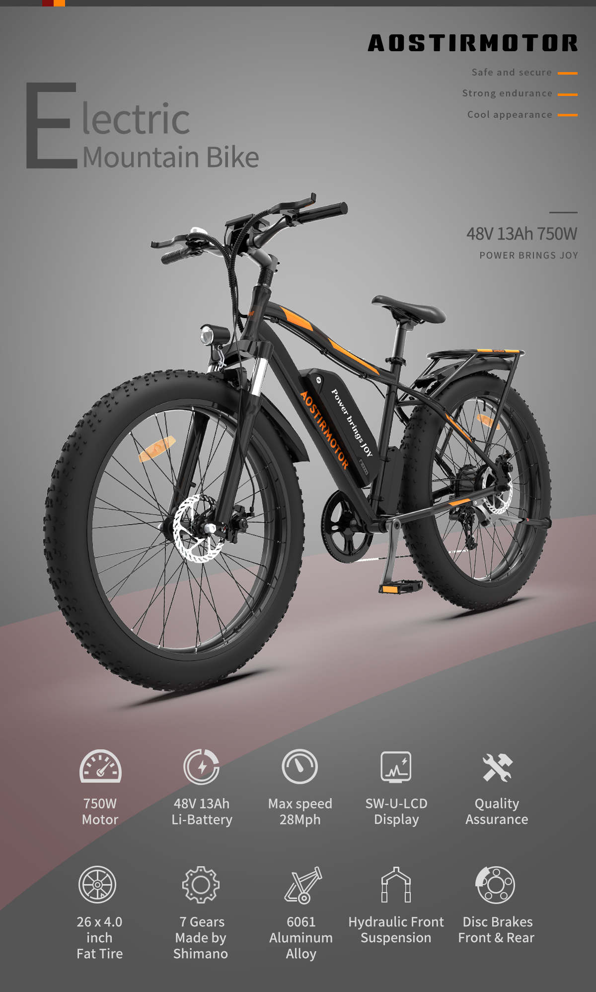 Aostirmotor S07-B Fat Tire Mountain Electric Bike 750W 48V - Black
