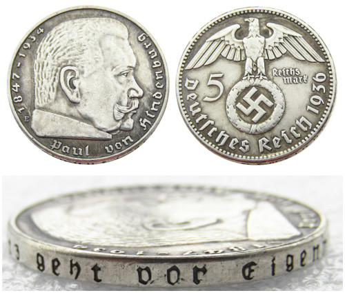 German WW2 Nazi 5 Mark 1936E Commemorative Coin Copy