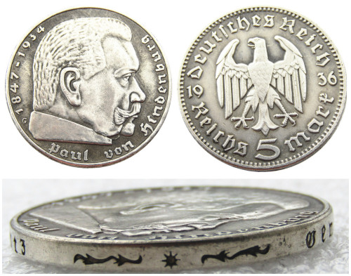 German 5 Reichsmark Hindenburg Eagle 1936G Silver Plated Coin Copy