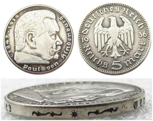 German 5 Reichsmark Hindenburg Eagle 1936J Silver Plated Coin Copy