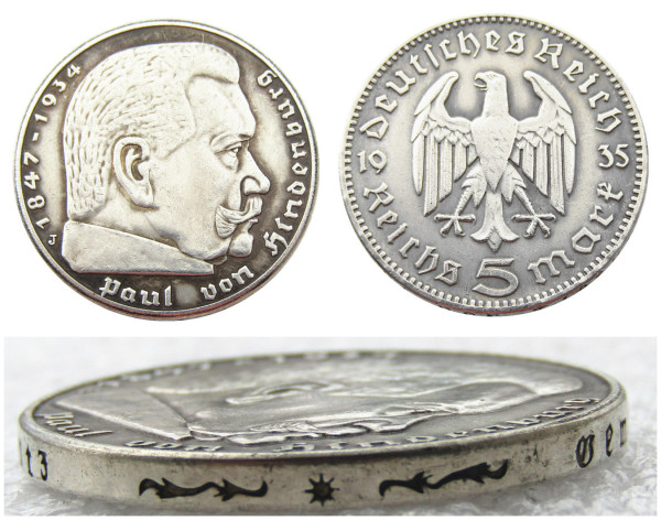 Germany 5 Reichsmark Hindenburg Eagle 1935J Silver Plated Coin Copy