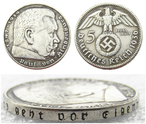 German WW2 Nazi 5 Mark 1936F Commemorative Coin Copy