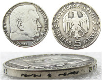 Germany 5 Reichsmark Hindenburg Eagle 1936A Silver Plated Coin Copy