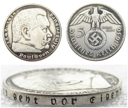 German WW2 Nazi 5 Mark 1939J Commemorative Coin Copy