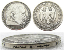 German 5 Reichsmark Hindenburg Eagle 1936E Silver Plated Coin Copy