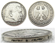 German 5 Reichsmark Hindenburg Eagle 1936F Silver Plated Coin Copy