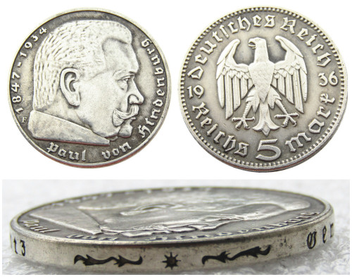 German 5 Reichsmark Hindenburg Eagle 1936F Silver Plated Coin Copy