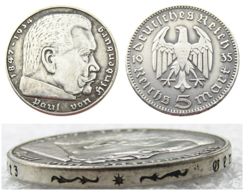 Germany 5 Reichsmark Hindenburg Eagle 1935F Silver Plated Coin Copy