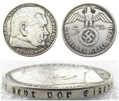 German WW2 Nazi 5 Mark 1939F Commemorative Coin Copy