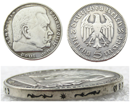 Germany 5 Reichsmark Hindenburg Eagle 1935A Silver Plated Coin Copy