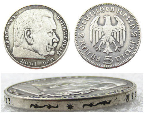 Germany 5 Reichsmark Hindenburg Eagle 1935D Silver Plated Coin Copy