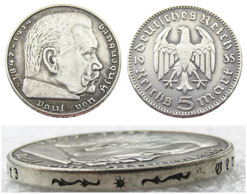 Germany 5 Reichsmark Hindenburg Eagle 1935E Silver Plated Coin Copy
