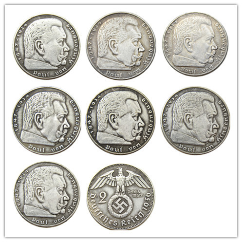 German WW2 Nazi SWASTIKA 1936ABDEFGJ 2Mark Silver Plated Coin Copy