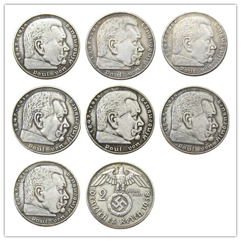German WW2 Nazi SWASTIKA 1938ABDEFGJ 2Mark Silver Plated Coin Copy