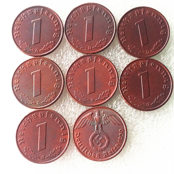 German 1939ABDEFGJ 1 Pfennig 100% Copper Coin Copy