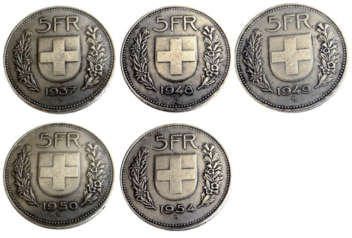 A Set Of (1937-1954)5pcs Switzerland (Confederation) 5Francs（5Franken）Copy Coin(31.45mm)
