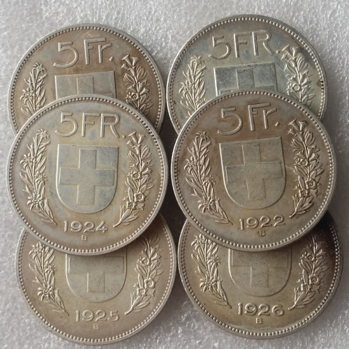 A Set Of（1922-1928）6pcs Switzerland (Confederation) 5Francs（5Franken）Copy Coin(37mm)