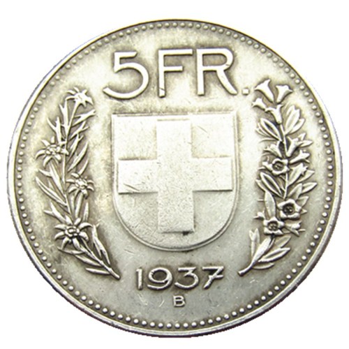 Hobo 1937 Switzerland (Confederation) 5Francs（5Franken）Silver Plated Copy Coin(31.45mm)