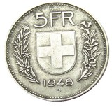 Hobo A Set Of(1937-1954)5pcs Switzerland (Confederation) 5Francs（5Franken）Silver Plated Copy Coin(31.45mm)