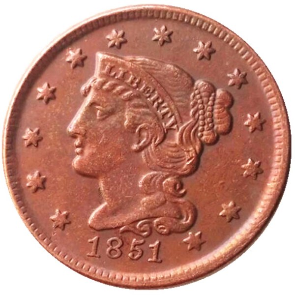 US Coins 1851 Braided Hair Large Cents 100% Copper Coins