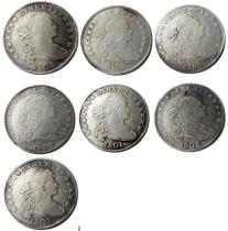 US A Set Of( 1798 -1804) 7pcs Draped Bust Dollar Heraldic Eagle Silver Plated Copy Coins