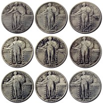 US A Set Of(1916-1924)PS 9PCS Standing Liberty Quarter Dollar Silver Plated Copy Coin