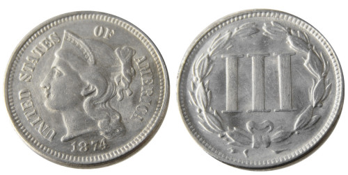 US 1874 Three Cents Nickel Copy Coin
