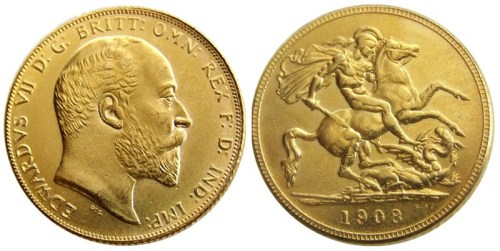 RARE UK 1908 KING EDWARD VII MATT PROOF GOLD PLATED 1 SOVEREIGN (1LSD) COPY COINS