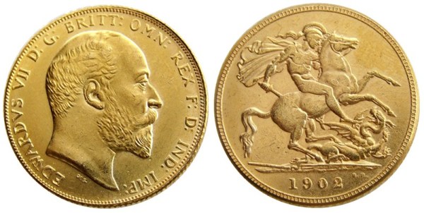 RARE UK 1902 KING EDWARD VII MATT PROOF GOLD PLATED 1 SOVEREIGN (1LSD) COPY COINS