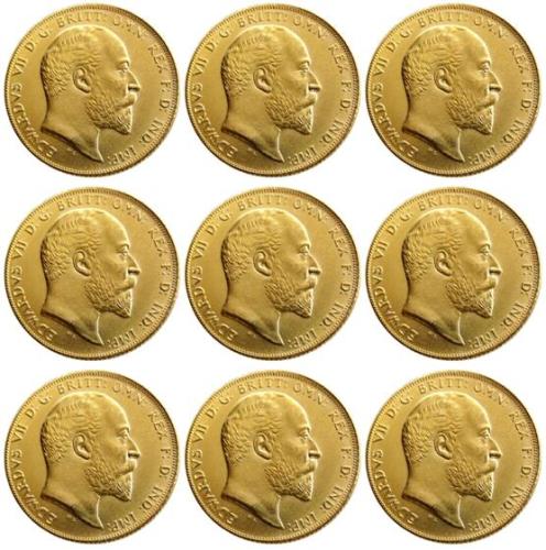 UK RARE A Set OF(1902-1910) 9PCS KING EDWARD VII MATT PROOF GOLD PLATED 1 SOVEREIGN (1LSD) COPY COINS