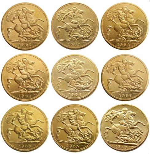 UK RARE A Set OF(1902-1910) 9PCS KING EDWARD VII MATT PROOF GOLD PLATED 1 SOVEREIGN (1LSD) COPY COINS
