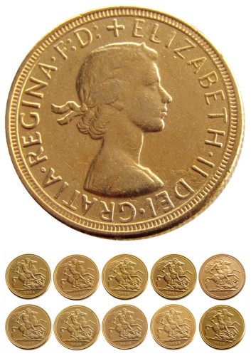 UK FULL SET (1957-1968) 10PCS REGINA FD ELIZABETH II DEI GRATIA GOLD PLATED 1 SOVEREIGN (1LSD) COPY COINS