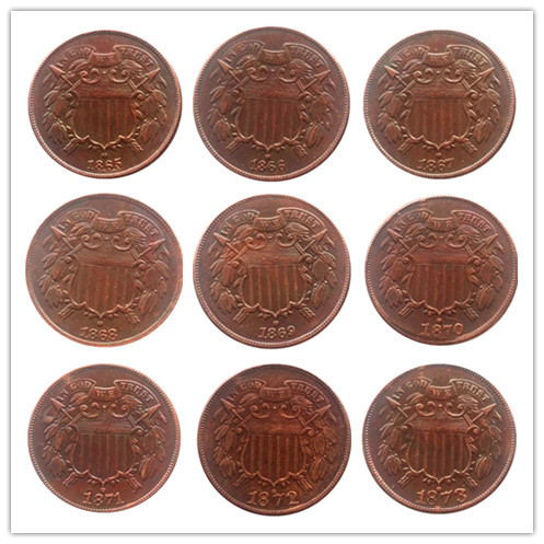 US A Set Of(1865-1873) 9pcsTwo Cent 100% Copper Copy Coin
