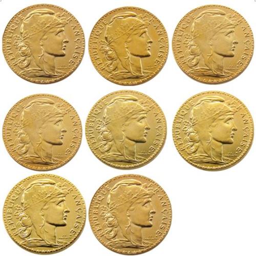 France A Set Of(1907-1914) 8pcs 20 Francs Rooster Gold Plated Copy Coin